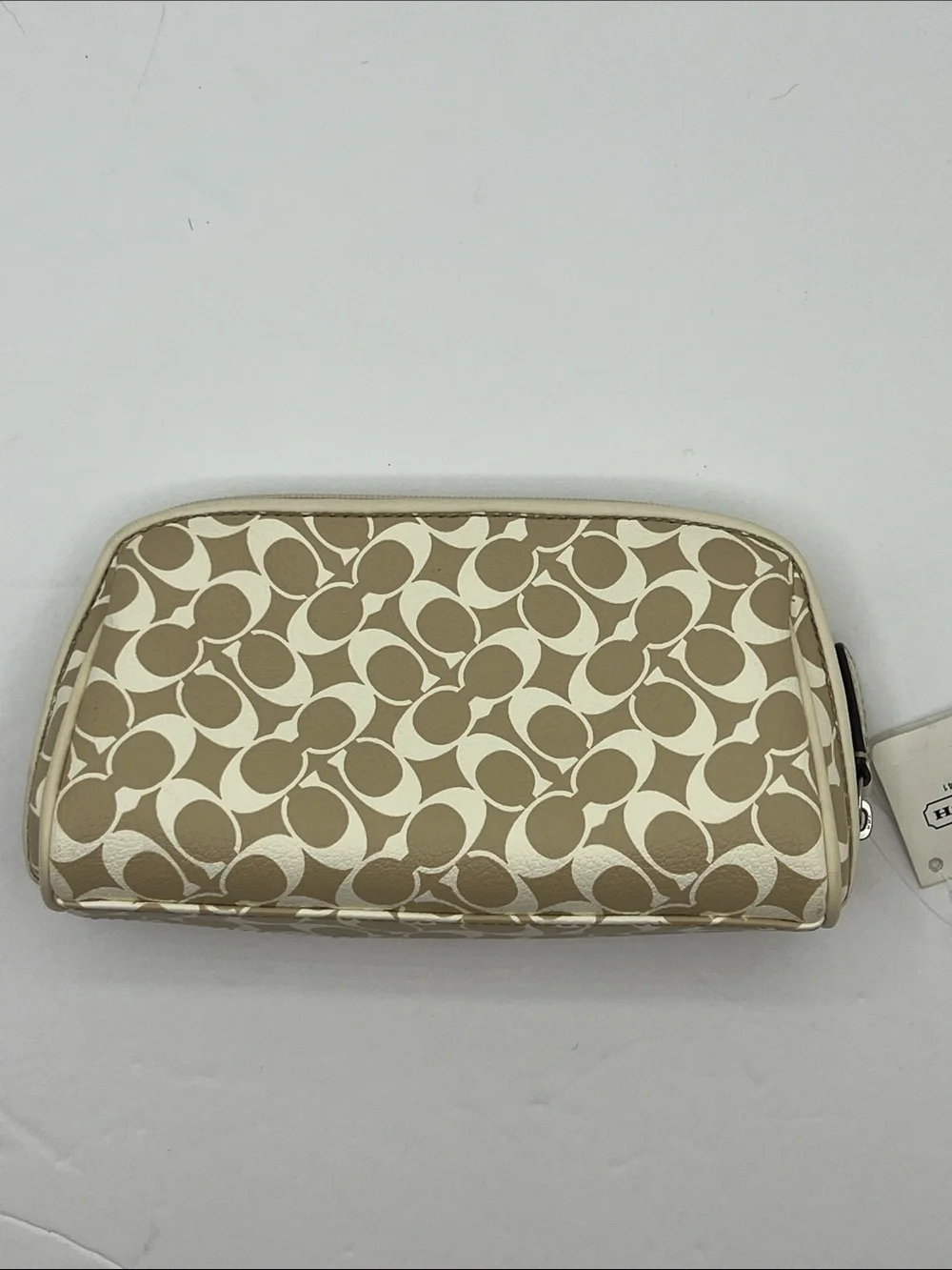 Coach Beige Signature Cosmetic Case with Pink Center Stripe